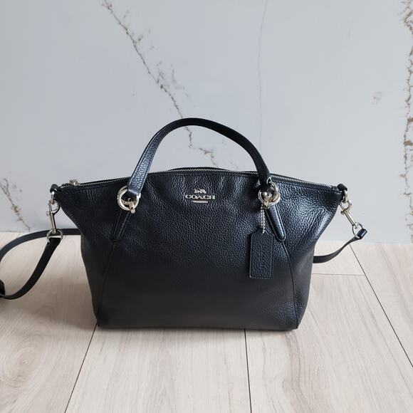 Coach Purse Black Pebble Leather Small Kelsey Satchel Bag Minimal Timeless Lux